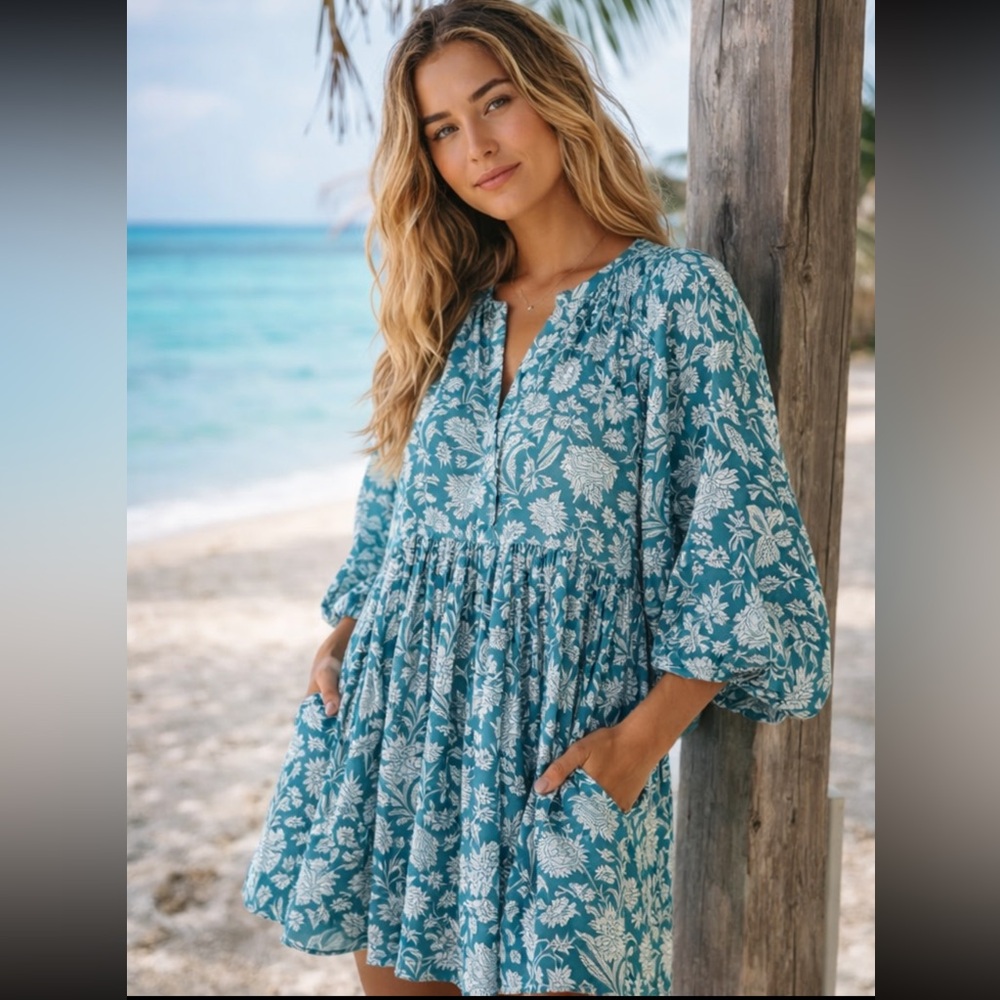 Daughters of India Teal Block Print Cotton Gauze Mini Dress XS